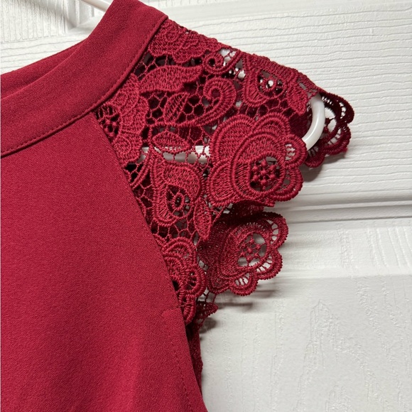 Wine-Coloured Lace Capped Sleeve Mini Dress - Picture 8 of 8